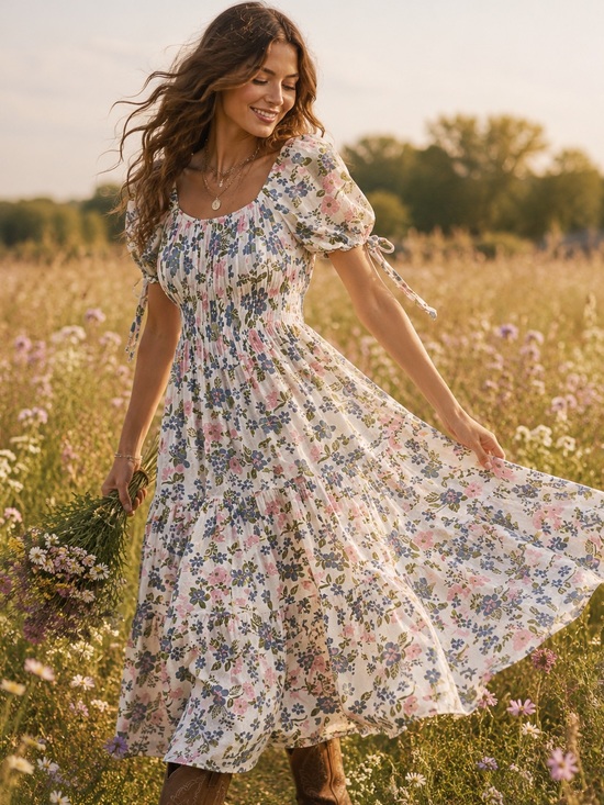 Unbranded Dresses & Skirts - Boho Floral Puff Sleeve Milkmaid Midi Dress Smocked Waist S Romantic Coquette